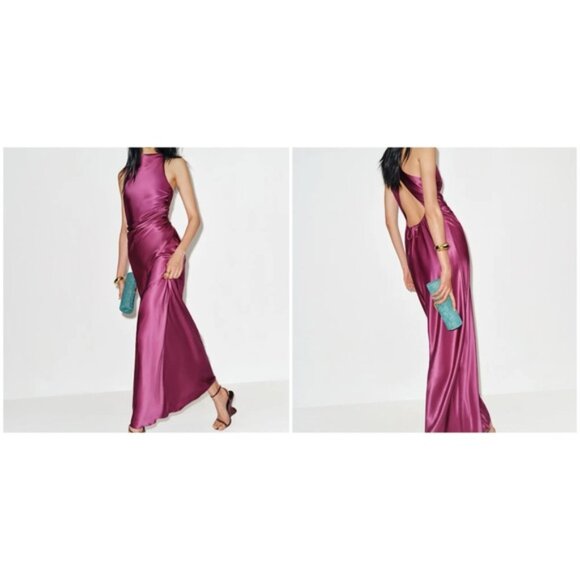 NEW Reformation Anaiis Long Silk Dress Hibiscus Tea Dark Pink Magenta | US 0 UK4 - Picture 2 of 15